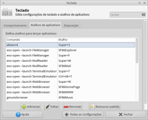 Painel de configuração de atalhos de teclado no Xubuntu