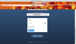 Captura de tela da instalação inicial do OwnCloud