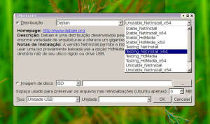captura de tela do aplicativo UNetbootin exibindo a lista de versões disponíveis da distribuição Linux escolhida.