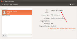 Captura de tela do painel de configuração de usuários no ubuntu