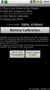 Tela de aplicativo para calibrar bateria.