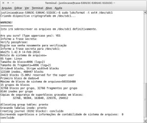 captura de tela - comando luksformat formata e encripta uma midia flash