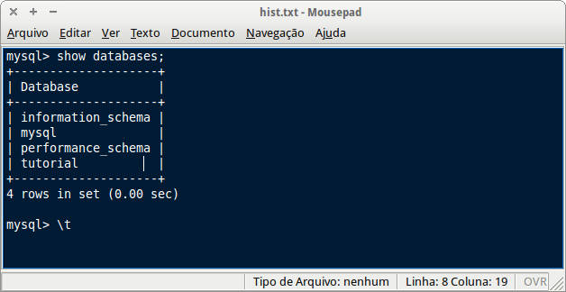 Captura de tela do editor mousepad com o log do mysql