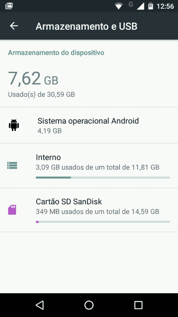 Android relação de dispositivos de armazenamento