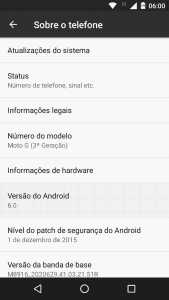 Android 6.0 - menu configurações - Sistema - Sobre o telefone - Versão do Sistema Operacional