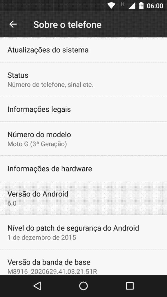 Android 6.0 - menu configurações - Sistema - Sobre o telefone - Versão do Sistema Operacional