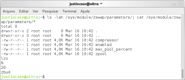 Captura de tela da configuração do zswap