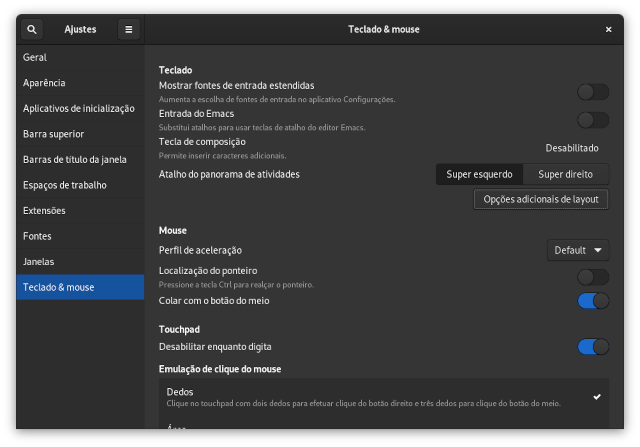 GNOME, painel de ajustes do teclado, mouse e touchpad