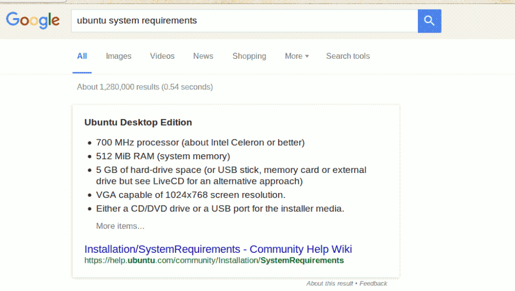 Ubuntu prerrequisitos do sistema - busca no Google