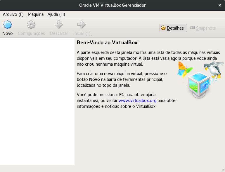 virtualbox welcome screen