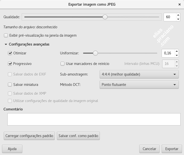 captura de tela do painel de exportação de arquivos para JPG no GIMP