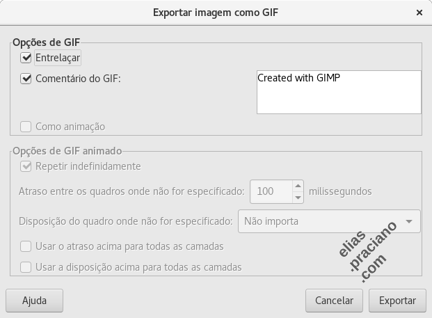 painel exportar para GIF no GIMP.