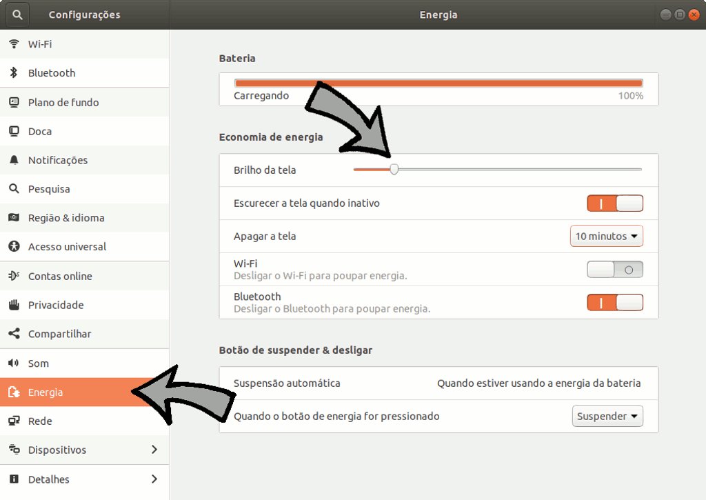 ajuste do brilho do monitor no Ubuntu GNOME
