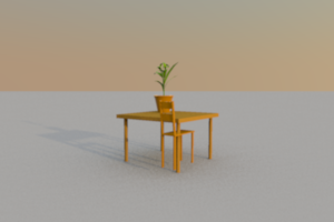 Imagem de mesa, cadeira, jarro de flores e janela, criada com o Sweet Home 3D