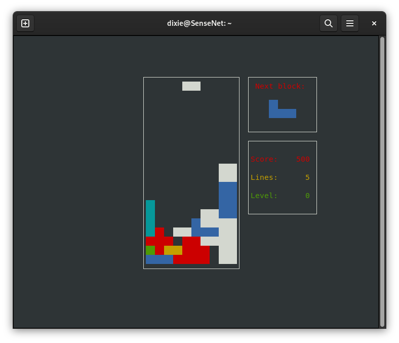 Tela do jogo para bastard tetris em andamento no terminal do Linux.